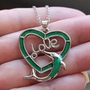 New - Green Heart With Dolphin Silver 20" Necklace